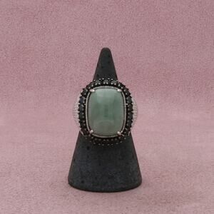 sterling silver jade & black tourmaline halo ring size 6